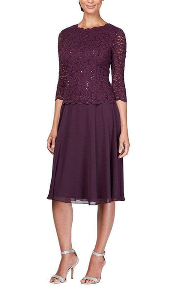 Alex Evenings - 1121796 Scallop Lace Top Tea Length Chiffon Dress Couture Candy Alex Evenings - 1121796 Scallop Lace Top Tea Length Chiffon Dress Couture Candy
