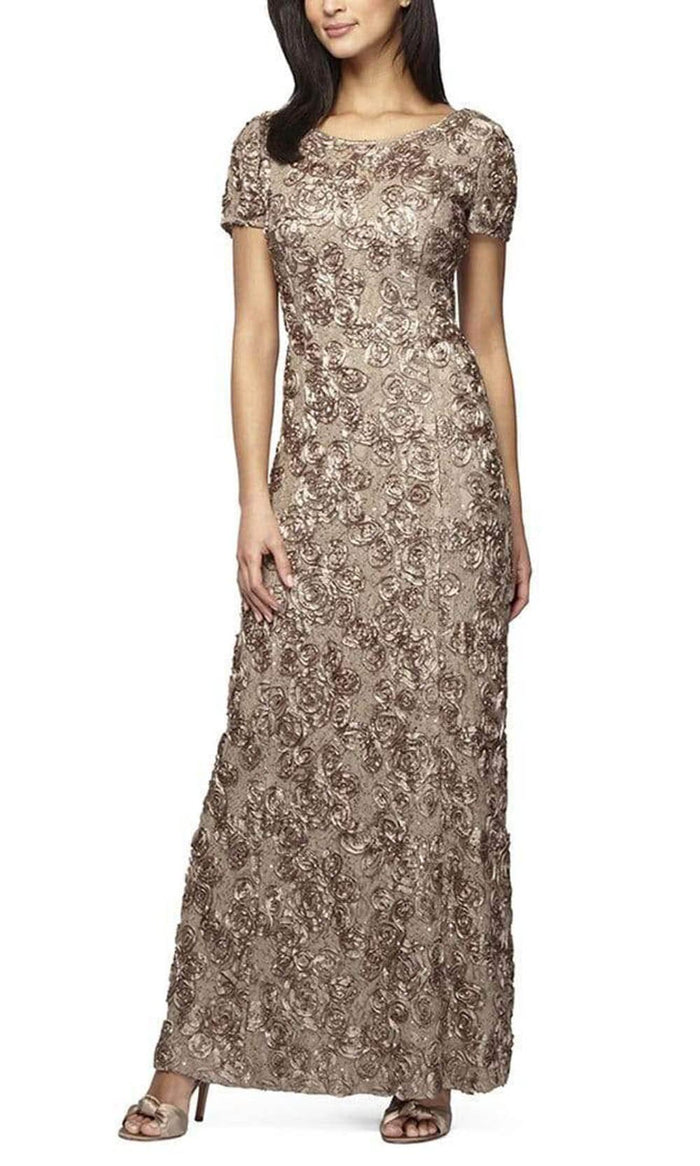Alex Evenings - 112788 Soutache Lace Sequin Short Sleeve A-Line Gown Mother of the Bride Dresses 12 / Champagne