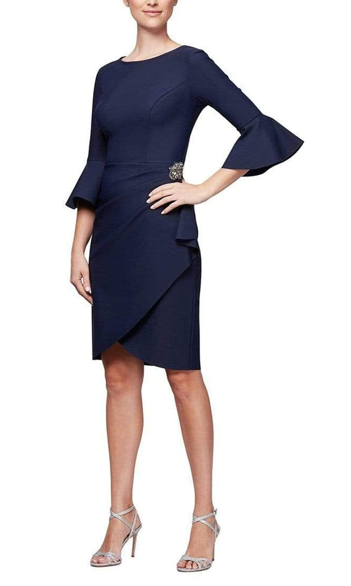 Alex Evenings - 134183 Quarter Bell Sleeve Faux Wrap Fitted Short Dress - 1 pc Navy In Size 14 Available CCSALE 14 / Navy