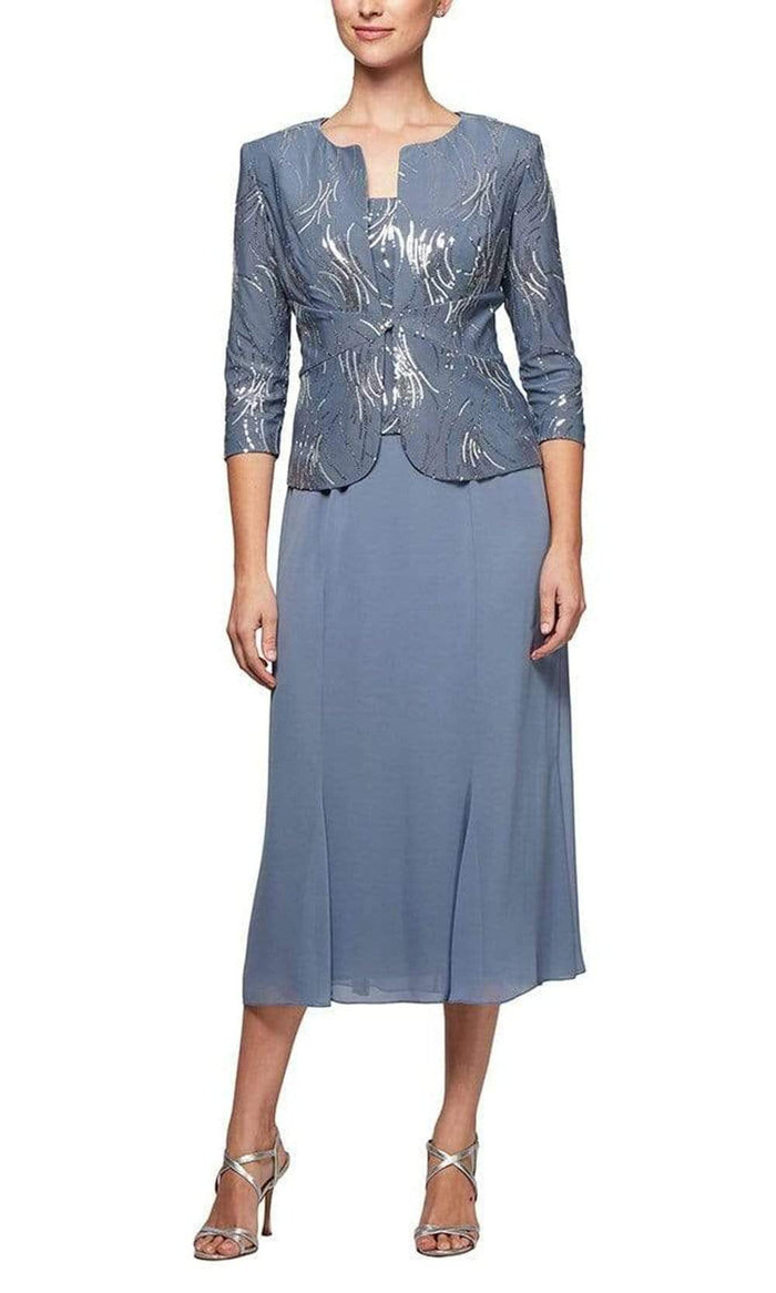 Alex Evenings - 1962675 Firework Motif Jacket Tea Length Dress Mother of the Bride Dresses 10 / Steel Blue