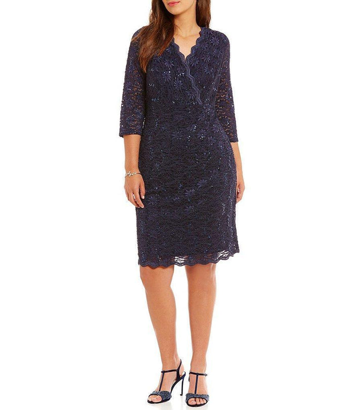 Alex Evenings - 4121805 Scalloped V Neck Lace Cocktail Dress 1 pc Midnight in size 16W Available CCSALE 16W / Midnight