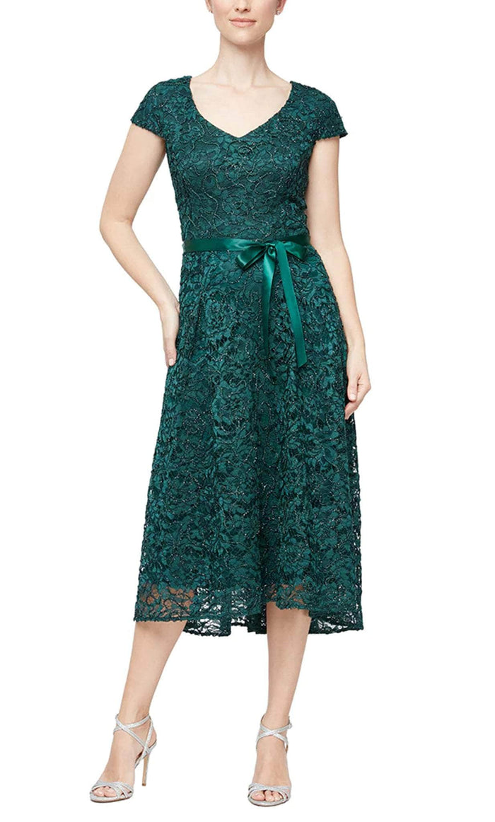 Alex Evenings 81171189 - V Neck Short Sleeve Tea Length Lace Dress Homecoming Dresses 2 / Hunter Grn
