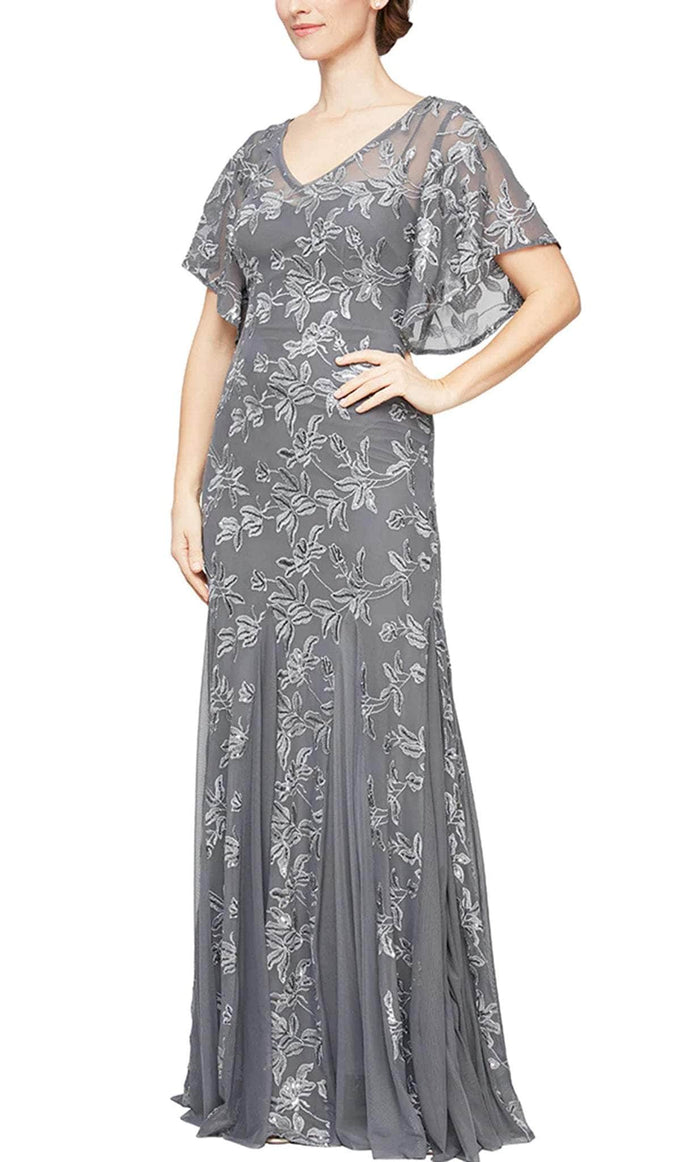 Alex Evenings 81171216 - Flutter Sleeve Floral Designed Gown Mother of the Bride Dresses 2 / Smoke