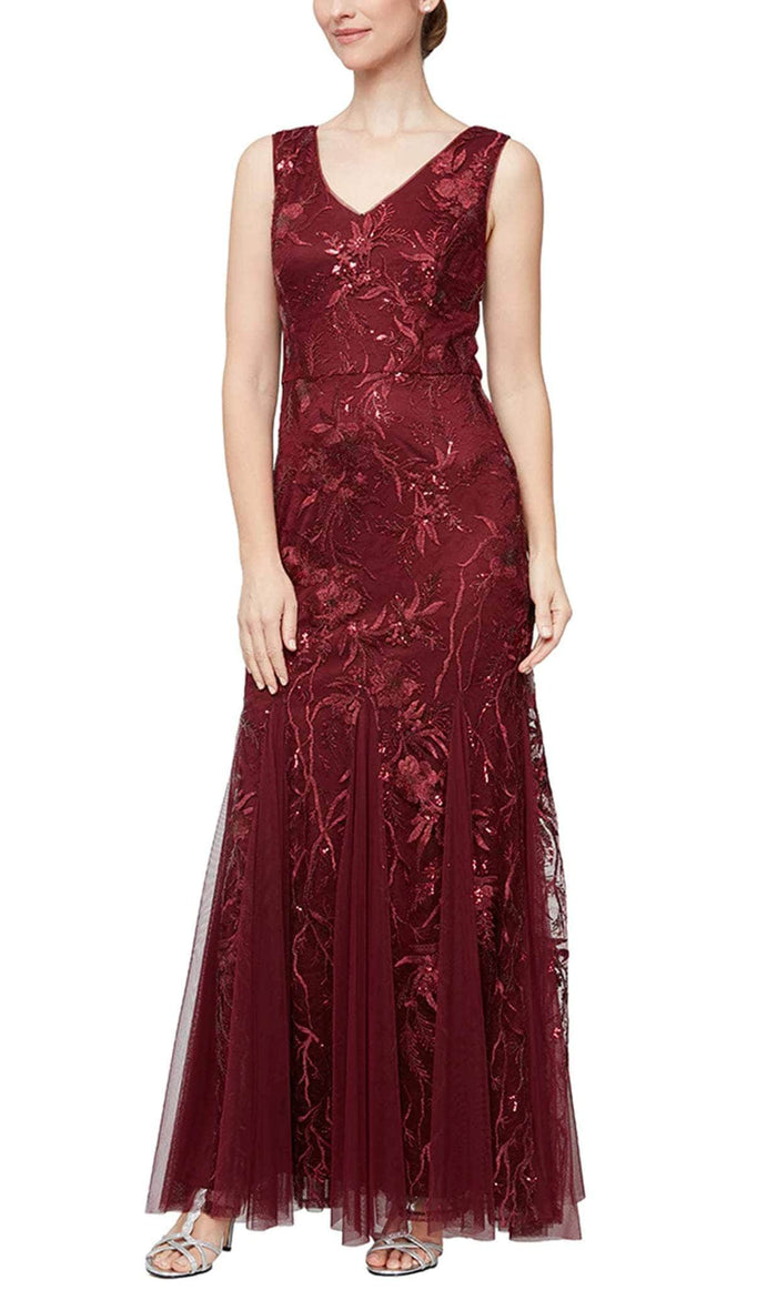 Alex Evenings 81171409 - Floral Embroidered V Neck A-line Gown Evening Dresses 2 / Wine