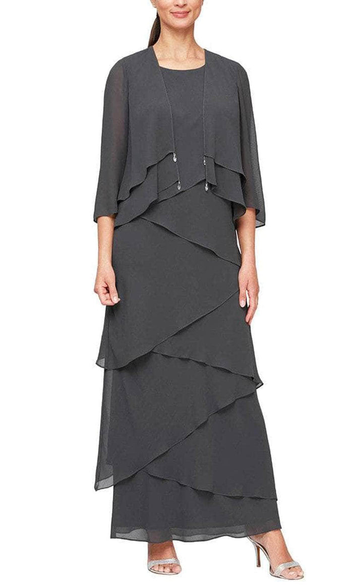 Alex Evenings - 8192001 Tiered Chiffon Long Dress Special Occasion Dress 2 / Charcoal