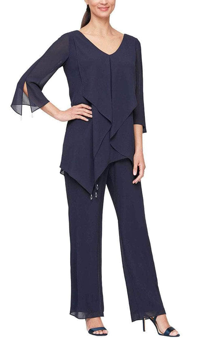 Alex Evenings - 8192004 Frilled Top Chiffon Pantsuit Special Occasion Dress 2 / Navy