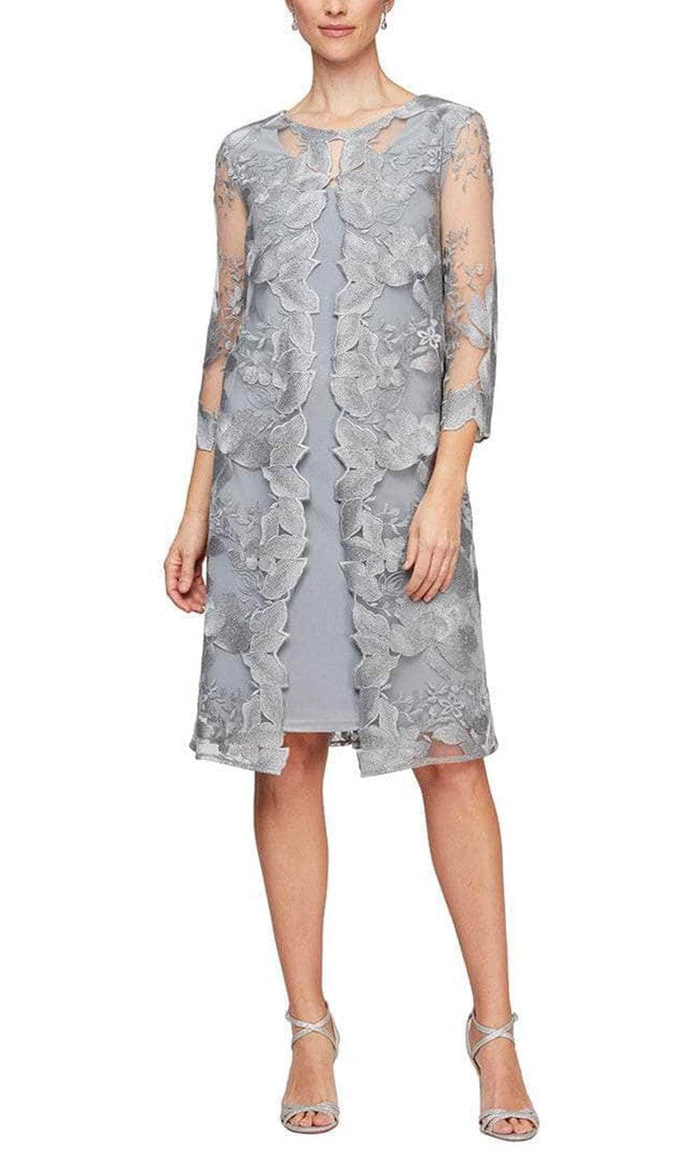 Alex Evenings - 82122202 Embroidered Lace Jacket Midi Dress Wedding Guest Dresses 4P / Ice Sage