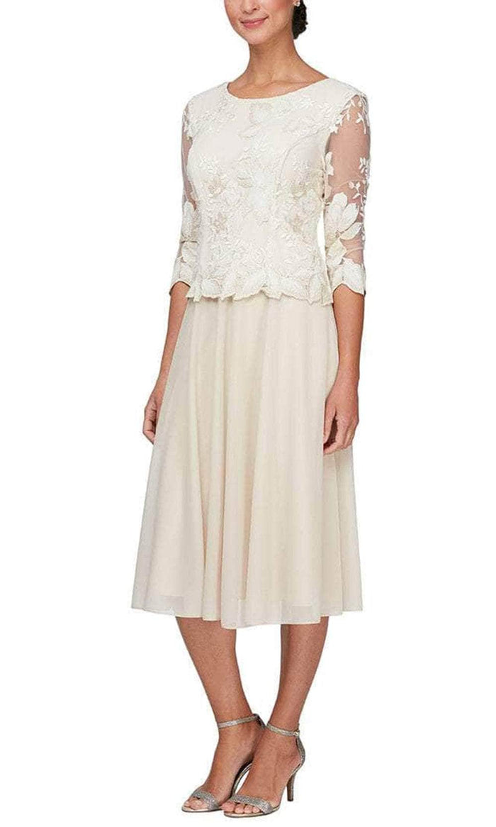 Alex Evenings - 82122420 Embroidered Quarter Sleeve Tea-Length Dress Wedding Guest Dresses 4P / Ice Sage