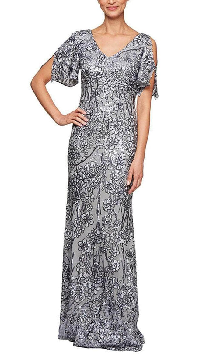 Alex Evenings - 8296611 Cold Shoulder Floral Sequined Dress Special Occasion Dress 4P / Silver