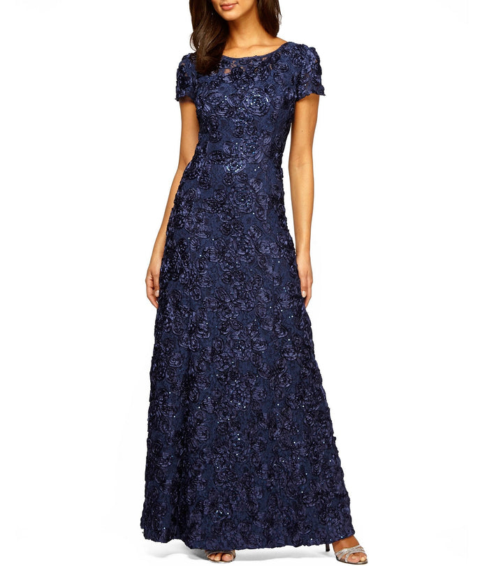 Alex Evenings - Rosette Lace Sequin Short Sleeve A-Line Gown 212788 - 1 pc Navy In Size 12P Available CCSALE 12P / Navy