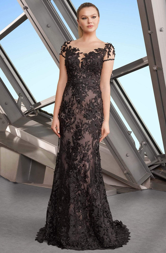 Alexander by Daymor - 1189 Short Sleeve Illusion Floral Lace Gown Evening Dresses 4 / Black