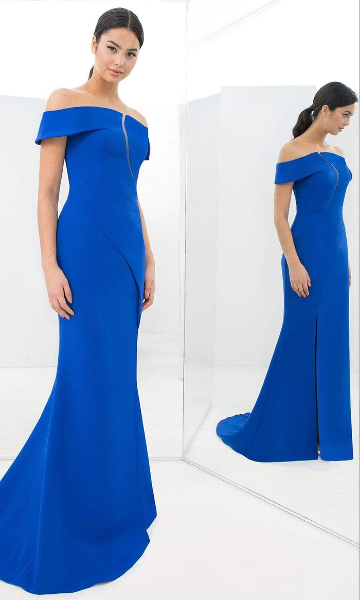 Alexander By Daymor - 1373 Off-Shoulder Front Cutout Mermaid Gown Evening Dresses 00 / Blue