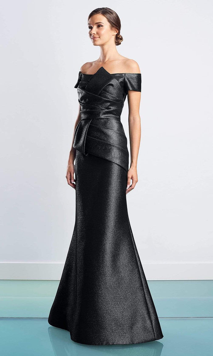 Alexander By Daymor - 1477 Off Shoulder Pleated Metallic Gown Evening Dresses 4 / Black