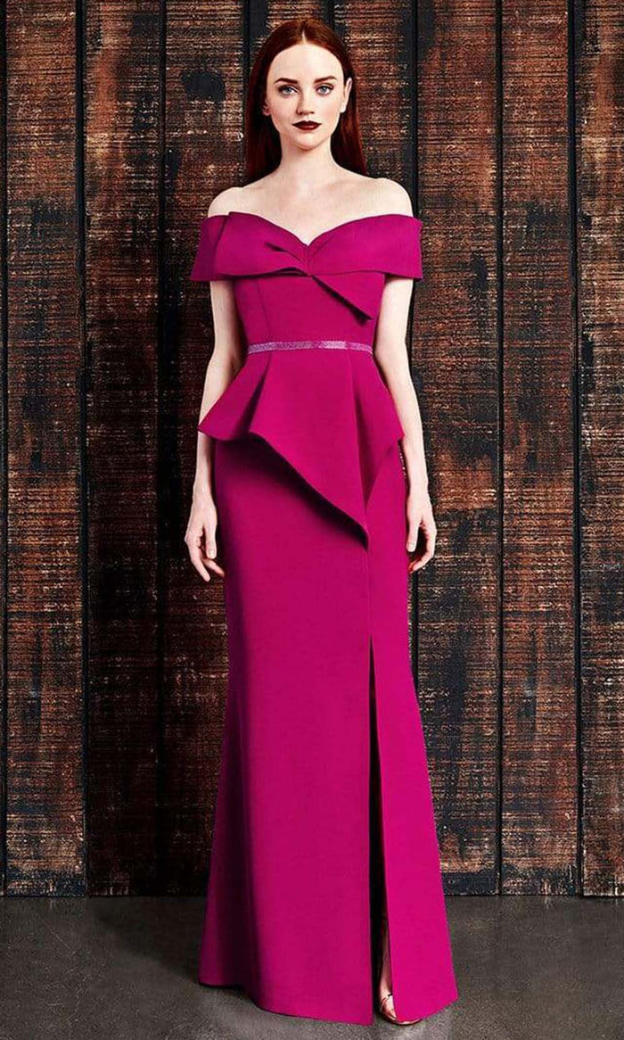 Alexander by Daymor - 850 Bow Accent Off Shoulder Evening Dress Mother of the Bride Dresses 2 / Cranberry