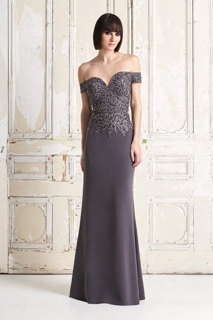 Alexander by Daymor Jeweled Embroidered Lace Off Shoulder Gown 759 - 1 pc Slate In Size 6 Available CCSALE 6 / Slate