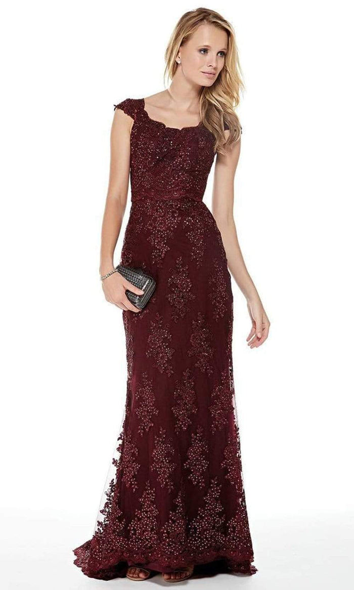 Alyce Paris - 27042 Scalloped Lace Cap Sleeves Evening Gown CCSALE 8 / Black Cherry