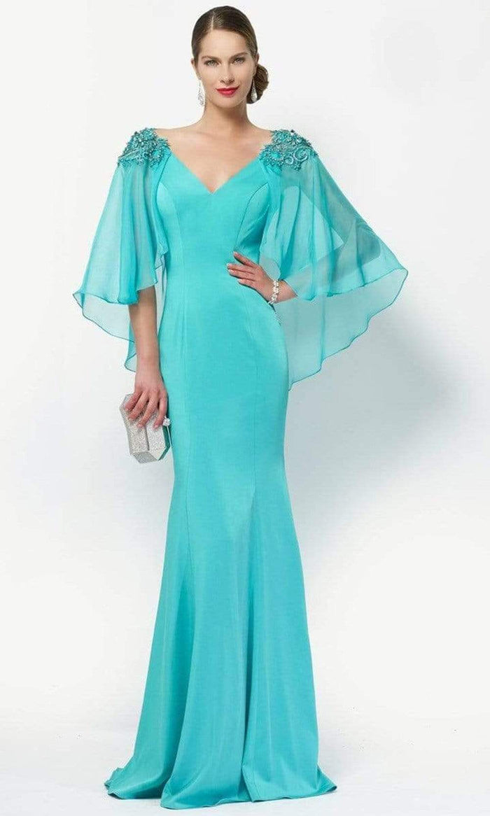 Alyce Paris - 27170 Beaded V-Neck Gown with Sheer Capelet Mother of the Bride Dresses 000 / Jade