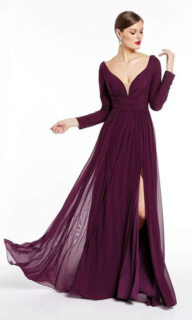 Alyce Paris - 27304 Long Sleeves V Neck Jersey Dress with Slit - 1 pc Black in Size 16 Available CCSALE 8 / Eggplant