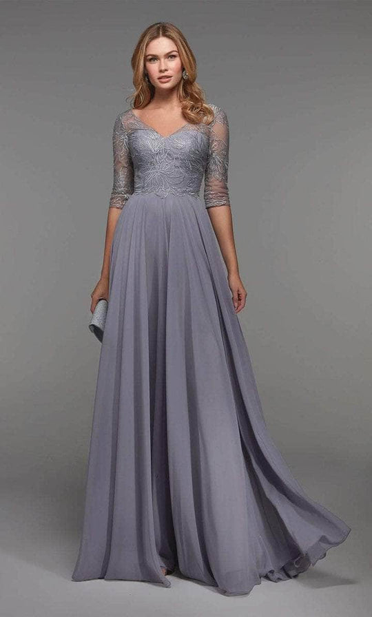 Alyce Paris - 27475 Embroidered V-neck Long Dress - 1 pc Grey in Size 16 Available