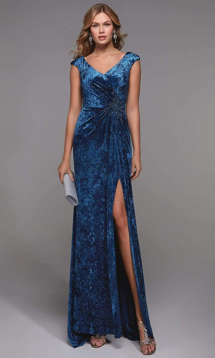 Alyce Paris - 27507 V Neck Velvet Slit Dress Mother of the Bride Dresses 2 / Sapphire