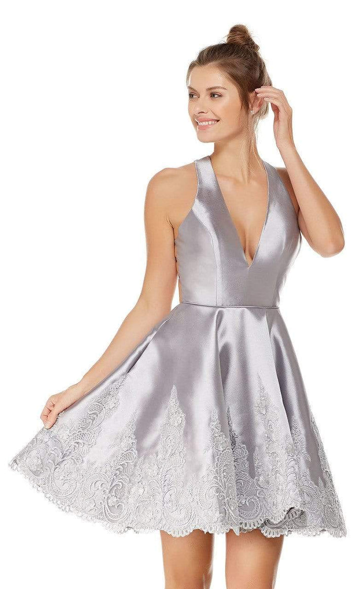 Alyce Paris - 3771 Lace Deep V-neck A-line Cocktail Dress CCSALE 2 / Silver