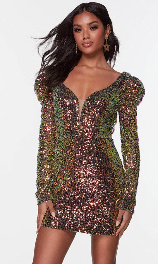 Alyce Paris 4540 - Long Sleeve V-Neck Cocktail Dress Special Occasion Dress 000 / Dragon Scale