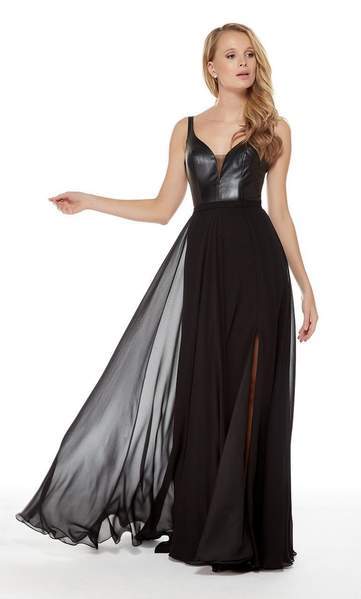 Alyce Paris - 60242 Leather Bodice Deep V-neck Chiffon A-line Dress - 1 pc Black In Size 6 Available CCSALE 6 / Black