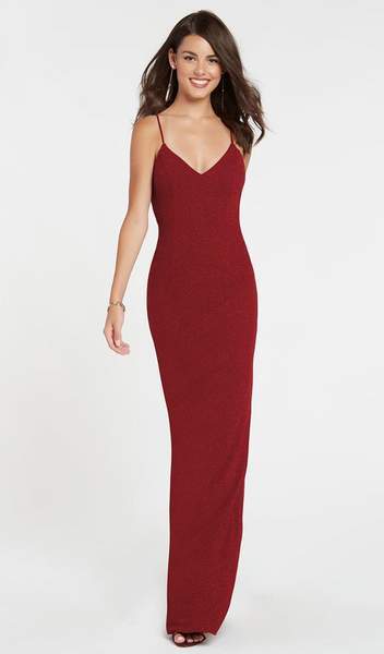Alyce Paris - 60292 V-Neck Spaghetti Strap Shimmer Jersey Evening Dress CCSALE 2 / Wine