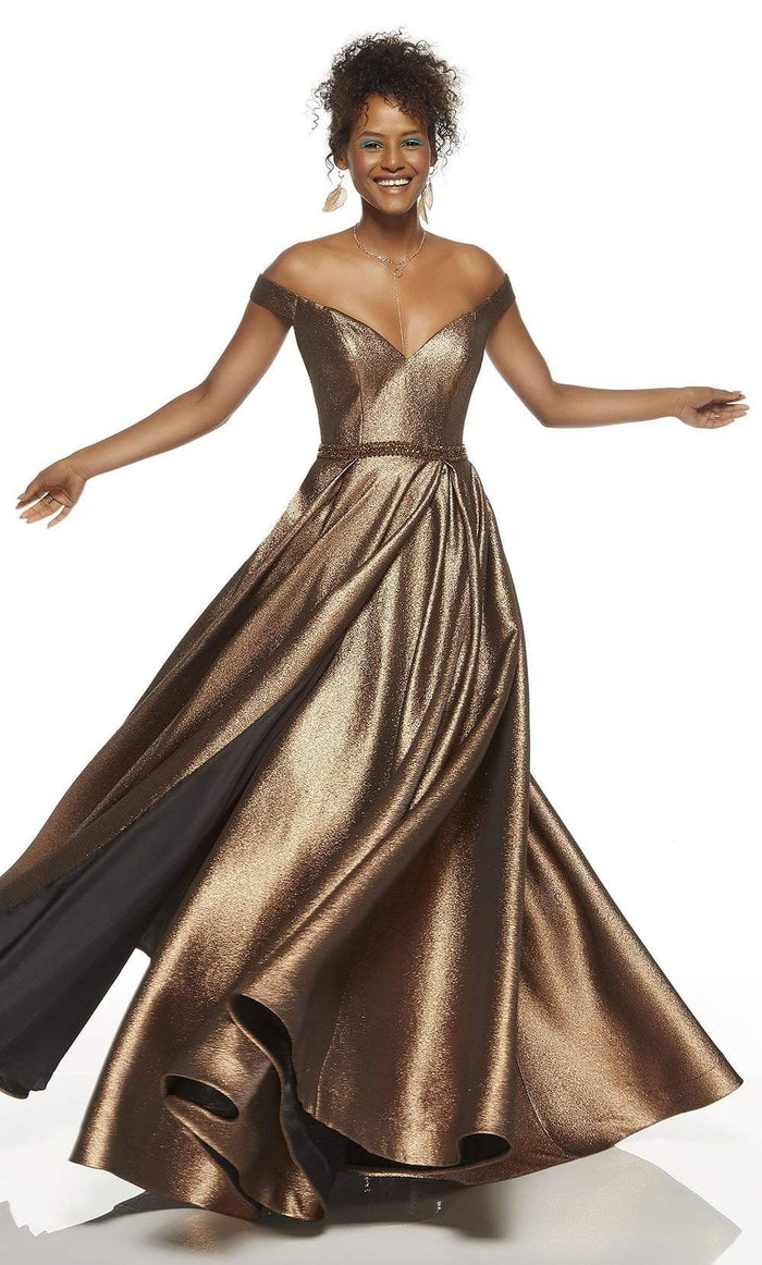 Alyce Paris - 60718 Off The Shoulder V-Neck Metallic Jacquard A-Line Gown - 1 pc Bronze In Size 18 and 1 pc Metallic Purple in Size 16 Available CCSALE