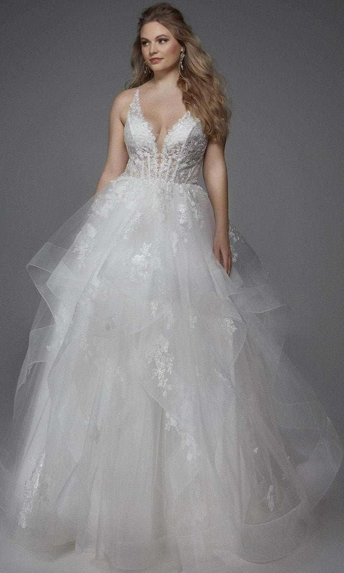 Alyce Paris 60903 - Plunging Floral Applique Ballgown Special Occasion Dress 000 / Diamond White