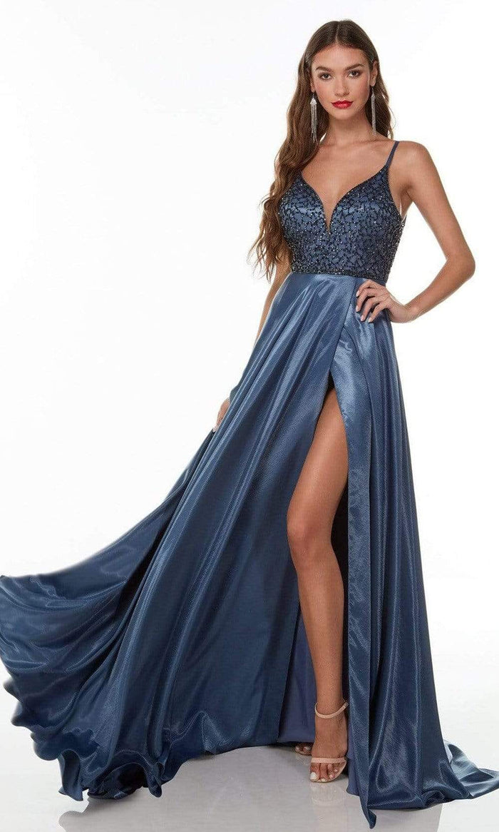 Alyce Paris - 61197 Metallic Beaded Gown With Slit Special Occasion Dress 000 / Dark French Blue