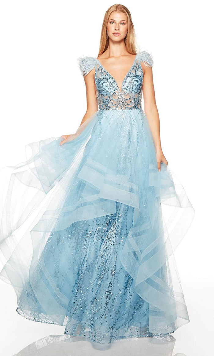 Alyce Paris 61316 - Feathered Sleeve Glitter Ballgown Special Occasion Dress 000 / Ice Blue