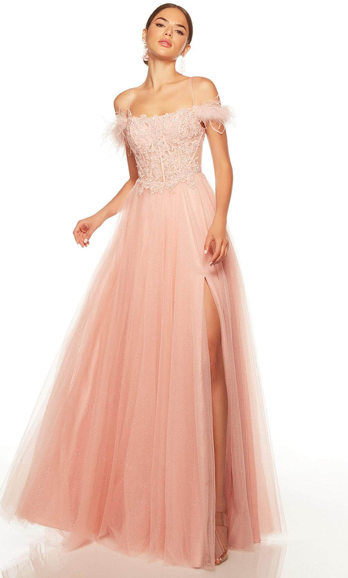 Alyce Paris 61328 - Feather Detailed Off Shoulder Evening Gown Special Occasion Dress 000 / French Pink