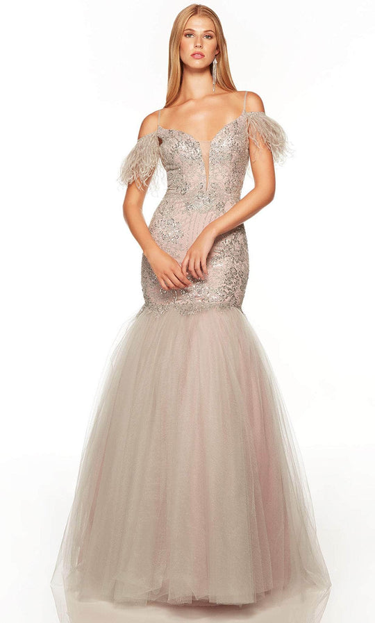 Alyce Paris 61409 - Cold Shoulder Mermaid Prom Gown Special Occasion Dress 000 / Silver-Rosewater