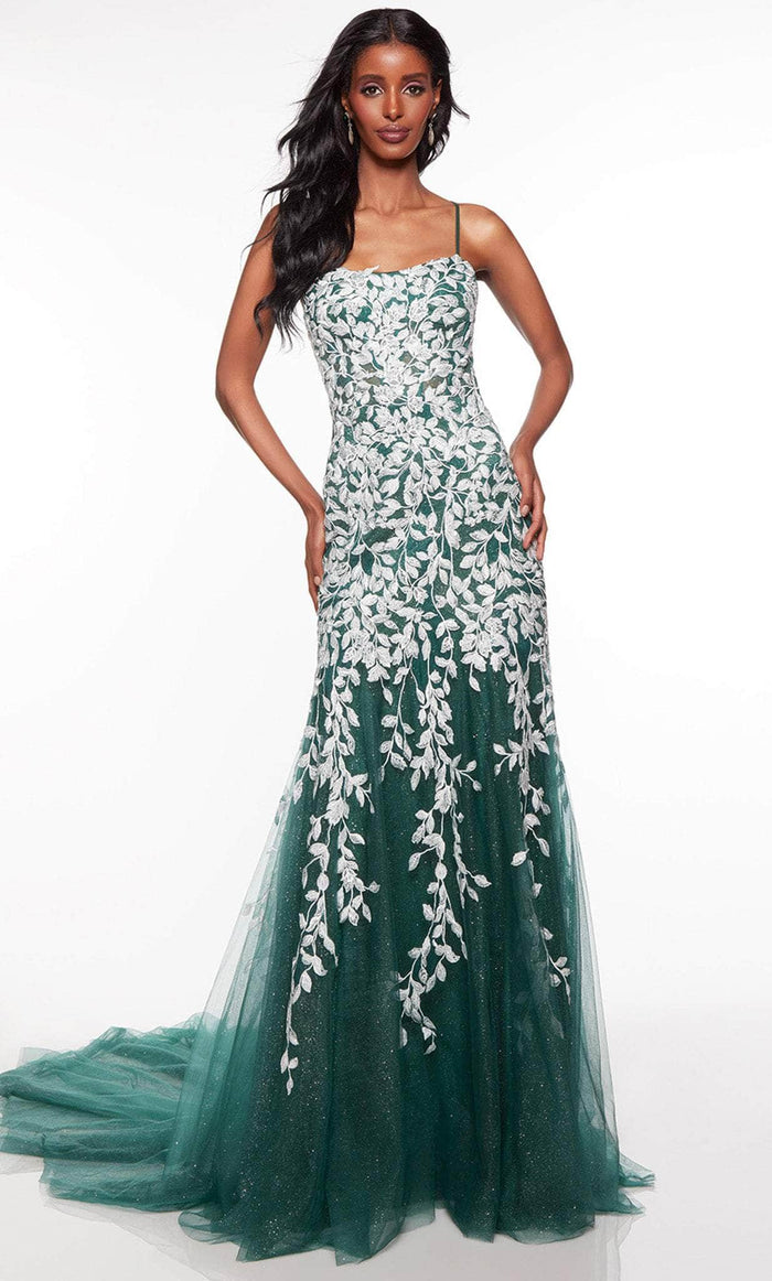 Alyce Paris 61418 - Scoop Foliage Appliqued Prom Gown Special Occasion Dress 000 / Forest Green