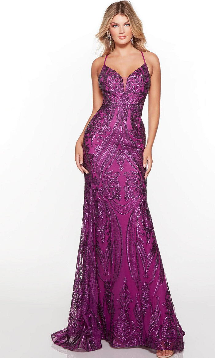 Alyce Paris 61424 - V-Neck Paisley Sequin Prom Gown Special Occasion Dress 000 / Bright Purple