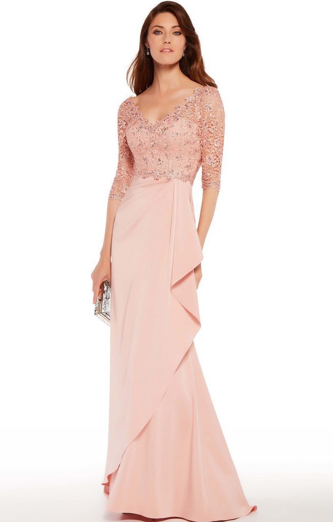 Alyce Paris - Beaded Lace V Neck Quarter Sleeve Wrap Gown 27242 - 2 pcs Pink in Size 4 and 22 Available CCSALE 4 / Pink