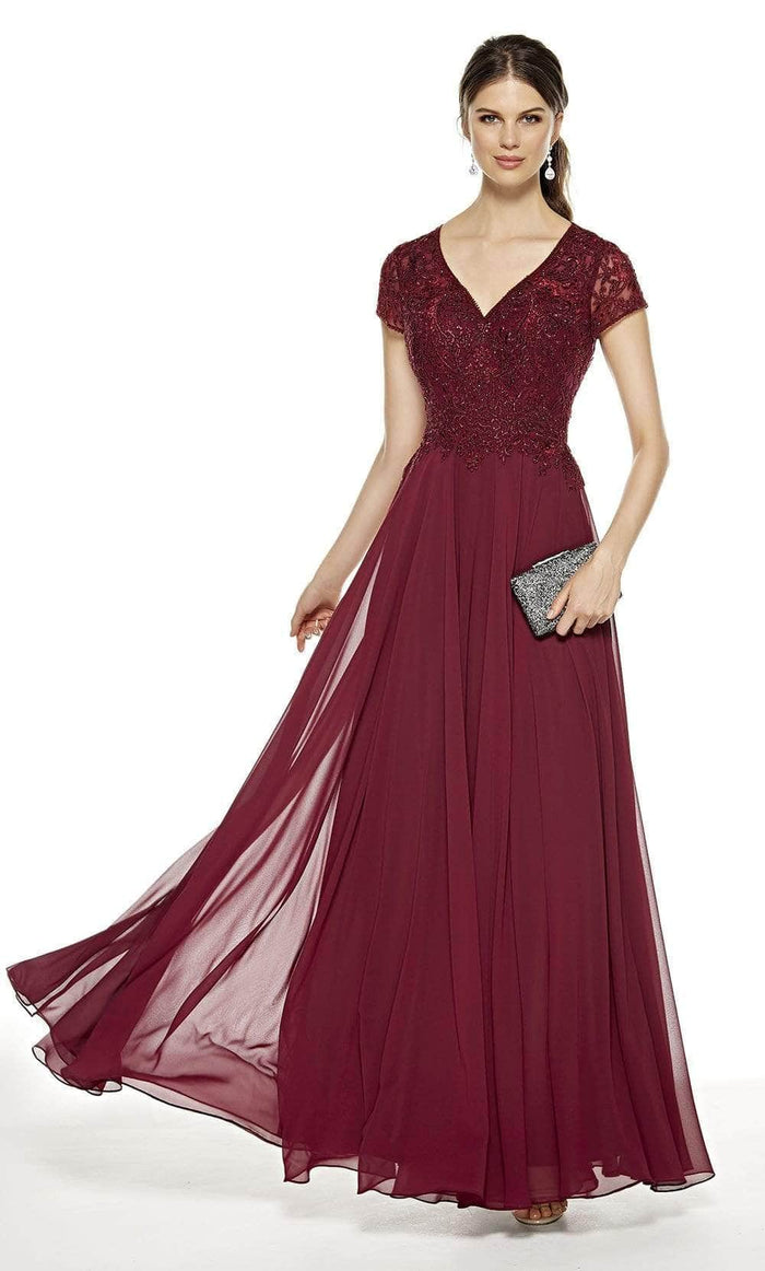 Alyce Paris - Short Sleeve Embellished Evening Dress 27389 - 2 pc Burgundy In Size 16 and 22 Available CCSALE