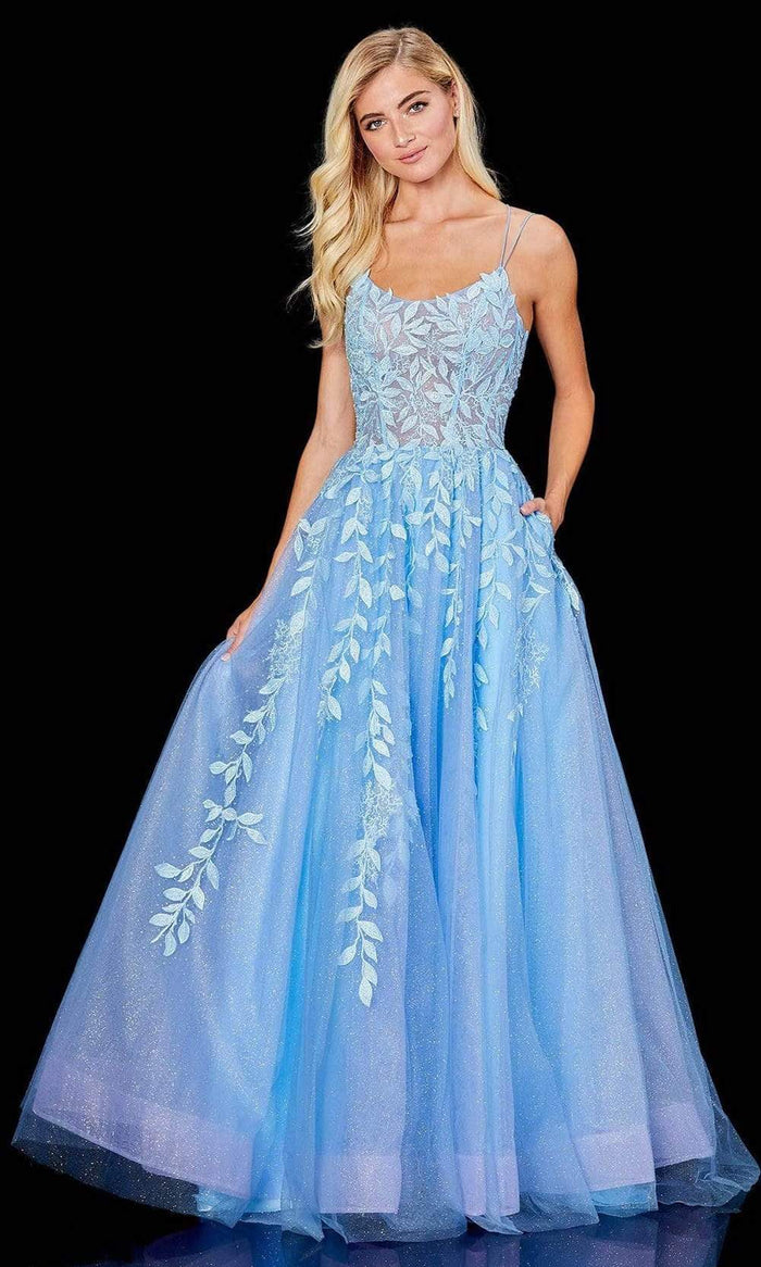Amarra - 20006 Shimmer Lace Foliage A-Line Dress Prom Dresses 0 / Electric Blue