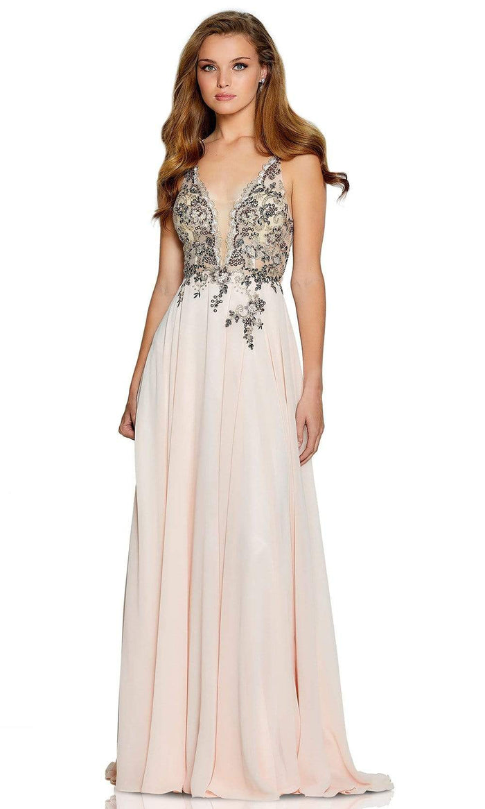 Amarra - 20220 Plunging Neck Embroidered Tulle A-Line Gown Prom Dresses 0 / Blush