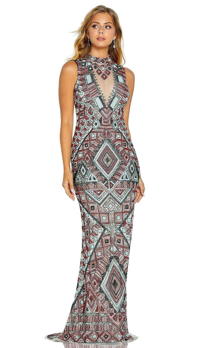 Amarra - 20909 Geometric Beaded High Halter Dress Evening Dresses 0 / Multi
