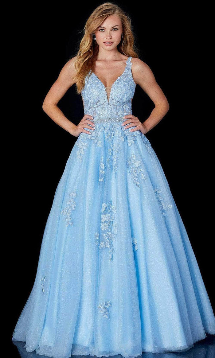 Amarra 87224 - Lace Applique Sleeveless Evening Gown Special Occasion Dress 00 / Light Blue