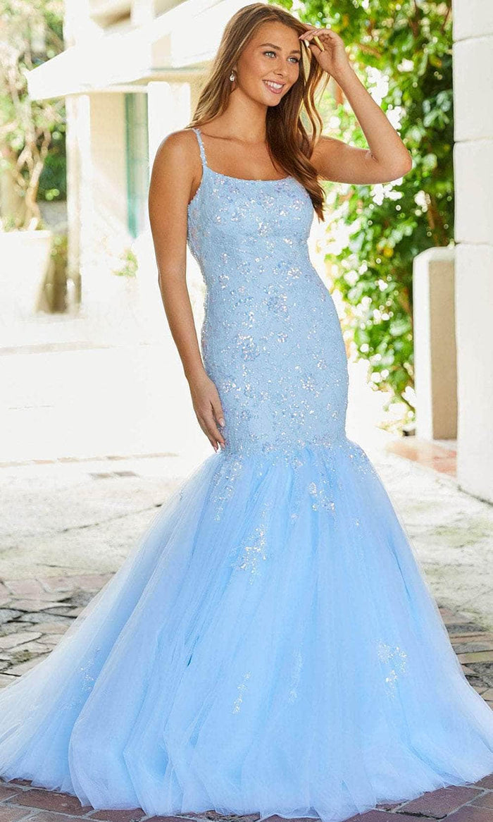 Amarra 87339 - Scoop Embroidered Mermaid Evening Gown Special Occasion Dress 00 / Light Blue