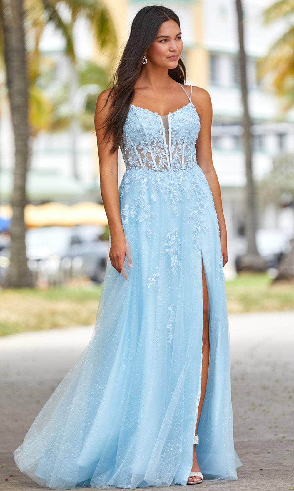 Macloth Long Sleeves Gold Lace Satin Prom Dress Sky Blue Formal Evening Gown US14 / Custom Color