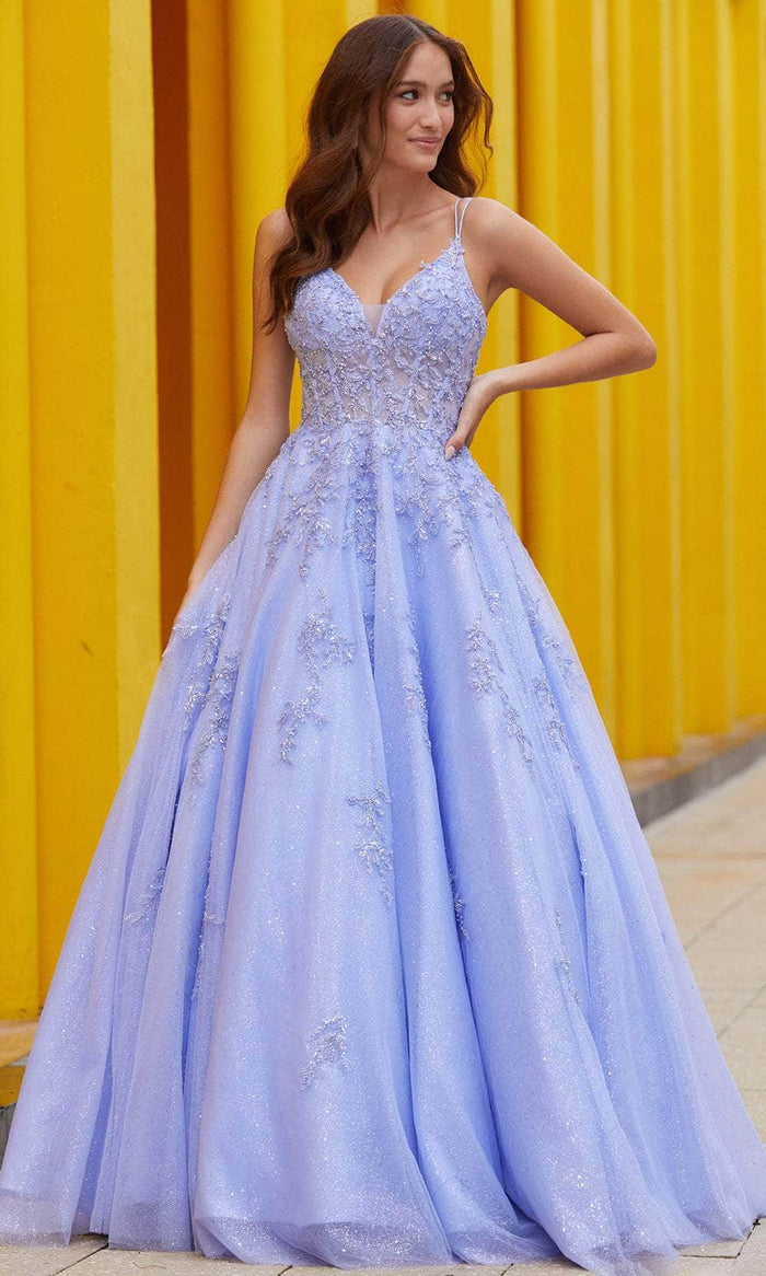 Amarra 88594 - Lace-Up Back V-Neck Ballgown Special Occasion Dress 00 / Periwinkle
