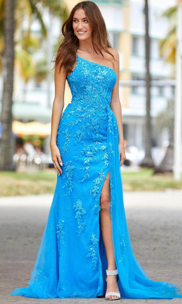 Amarra 88596 - Floral Embroidered Lace Slit Gown 00 / Turquoise