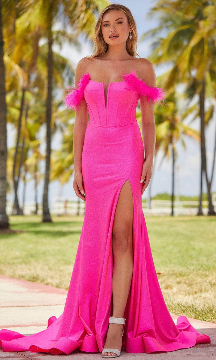 Amarra 88627 - Feathered Off-Shoulder Evening Gown Special Occasion Dress 00 / Bright Fuchsia