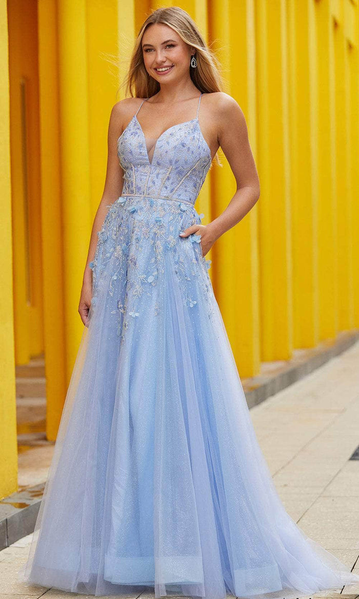 Amarra 88646 - Tulle Embellished Plunging A-line Gown Prom Dresses 00 / Periwinkle