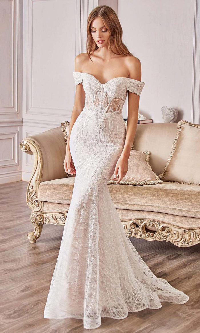 Andrea and Leo - A0666W Lace Corset Off Shoulder Bridal Dress Wedding Dresses 2 / Off White-Nude