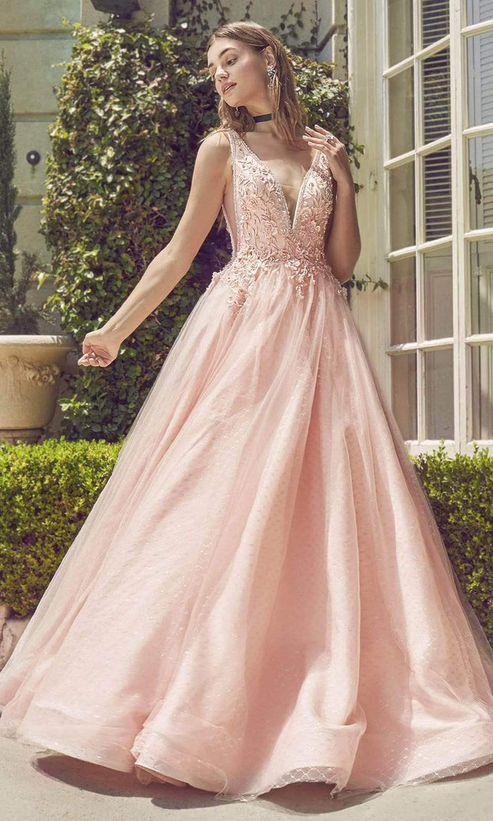 Andrea and Leo - A0696 Floral Appliqued Beaded V Cut Bodice Ballgown Prom Dresses 2 / Blush